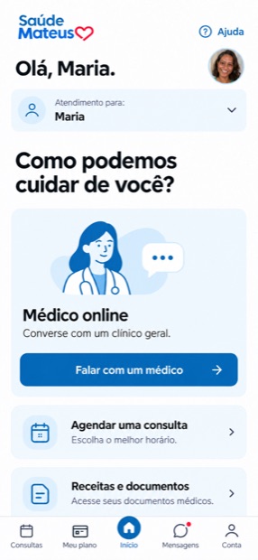 Tela inicial do aplicativo Saúde Mateus, com saudação ao usuário e acesso a médico online, agendamento e documentos.